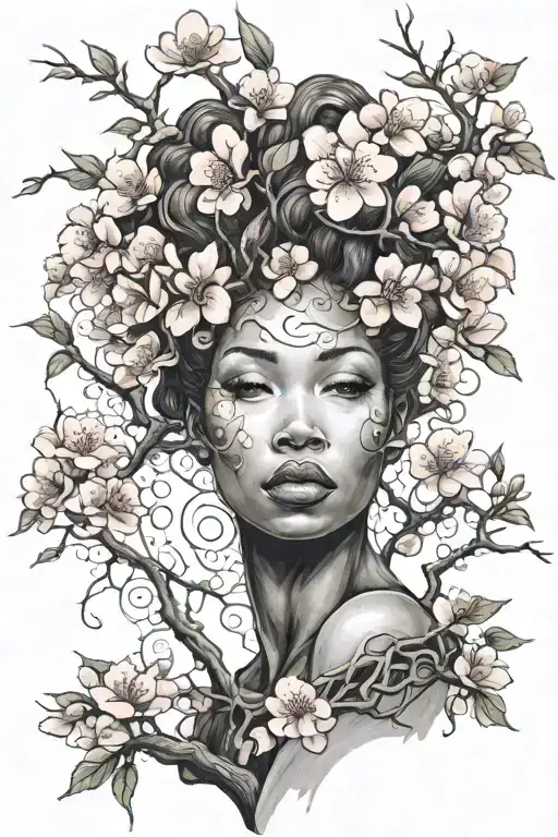 Black woman mother earth sprouting a cherry blossom tree as the hair tattoo design idea