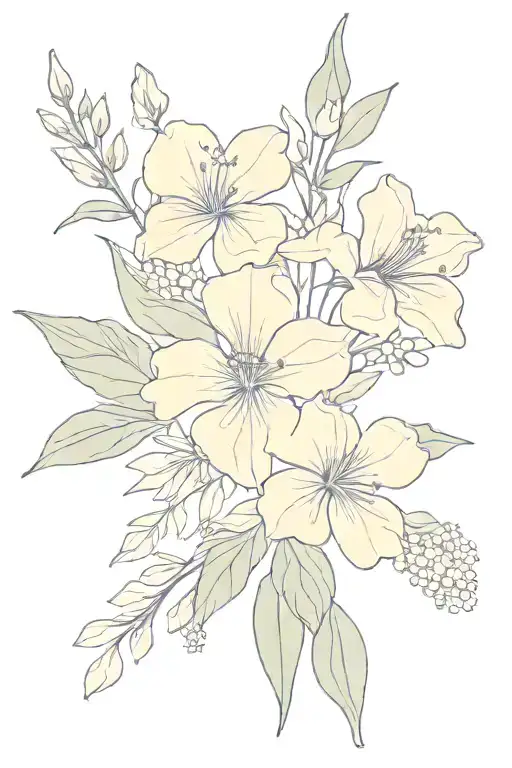 wild indigo, violet and primrose bouquet composed tattoo design idea