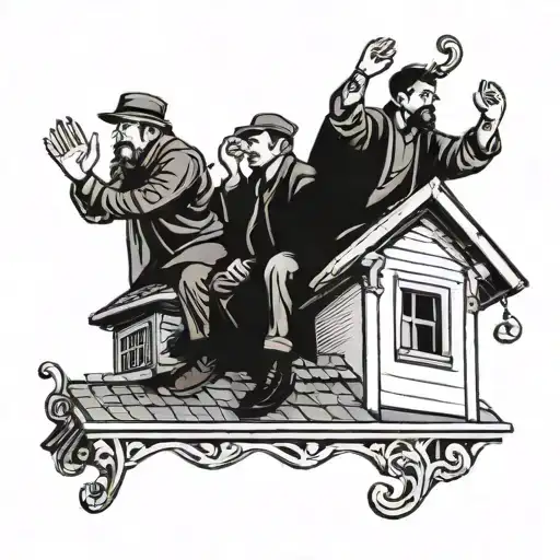 four people waving on a roof tattoo design idea