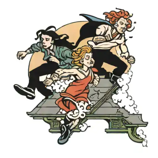 four people running on a roof tattoo design idea