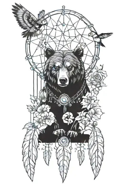 dream catcher, flowers, moons, birds, bears tattoo design idea