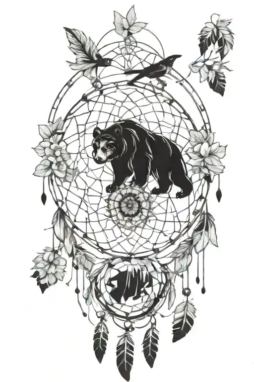 dream catcher, flowers, moons, birds, bears tattoo design idea