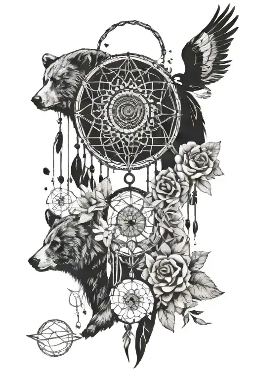 dream catcher, flowers, moons, birds, bears tattoo design idea