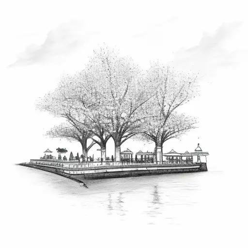 A detailed sketch of the Alexandria waterfront with cherry blossoms lining the streets tattoo design idea