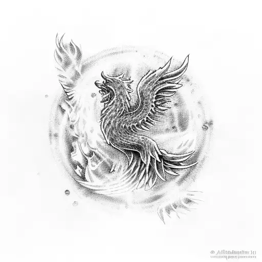 A phoenix rising from a blueprint with water and fire elements tattoo design idea