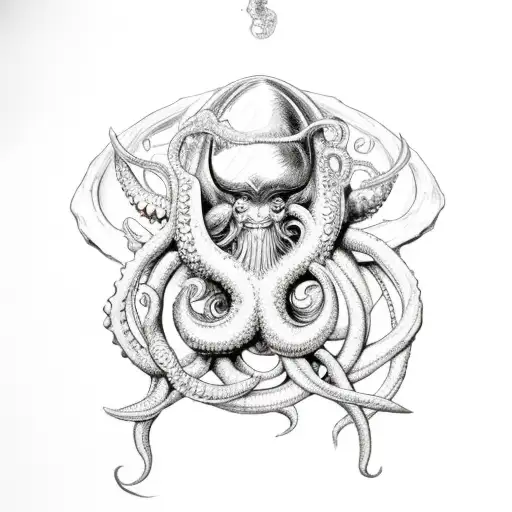 trident with a nautilus shell, kraken arm tattoo design idea