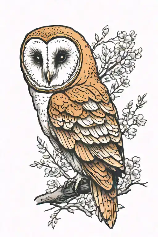 barn owl perched on a branch tattoo design idea