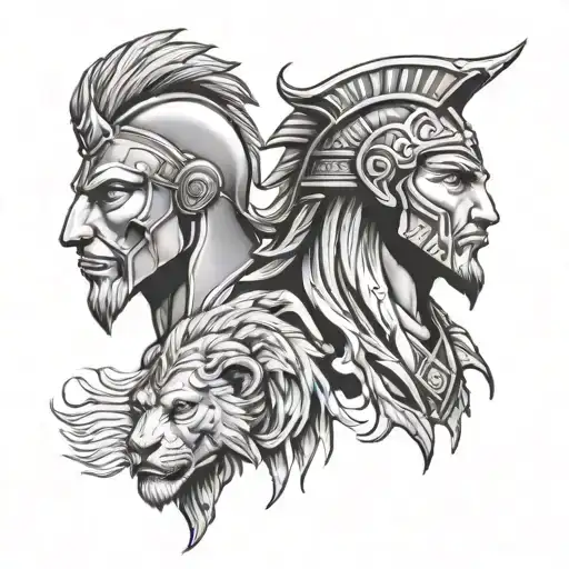spartan and lion head tattoo design idea
