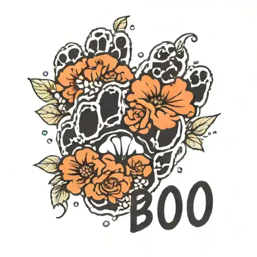 a realistic paw print with text that says Boo and floral surround tattoo design idea