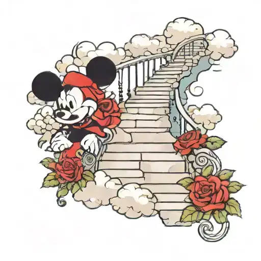 stairway to heaven with clouds Mickey Mouse ears and red roses tattoo design idea