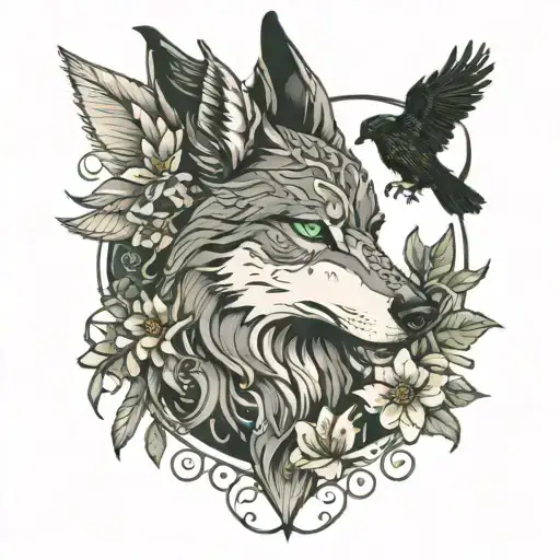   wolf with green eyes, a moon , crow reading a book and lilies  tattoo design idea