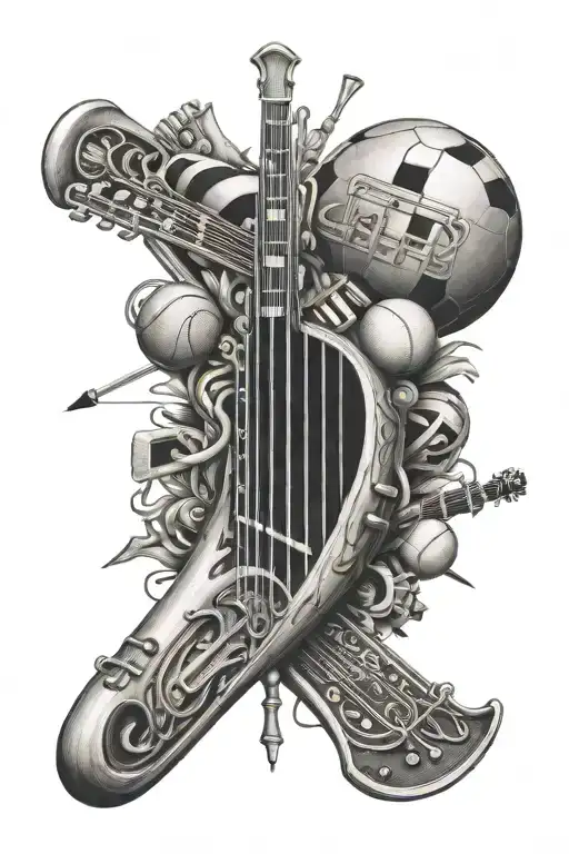An intricate tattoo featuring sports equipment and musical instruments intertwined to symbolize the client's passion for both sports and music tattoo design idea