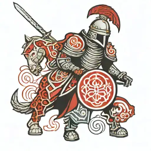 a traditional Templar knight weary from combat charging into battle with a small mandala and yin Yang hidden within the. tattoo design idea