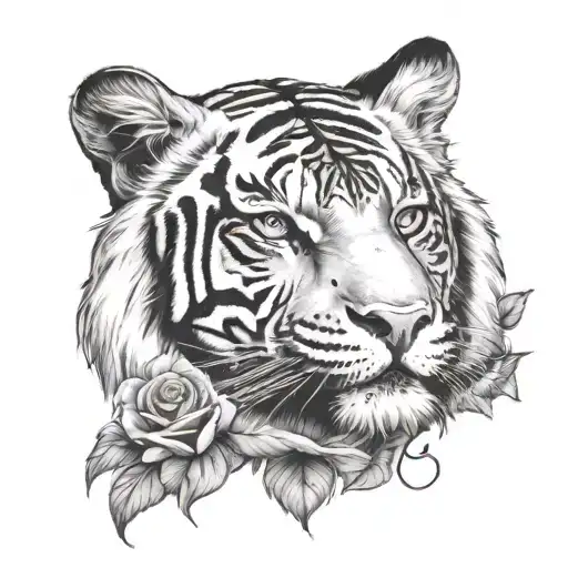 black and white tiger surround by black and white rose tattoo design idea