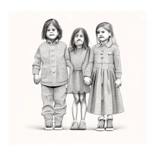 A realistic portrait of your nieces and nephew holding hands in a park setting tattoo design idea