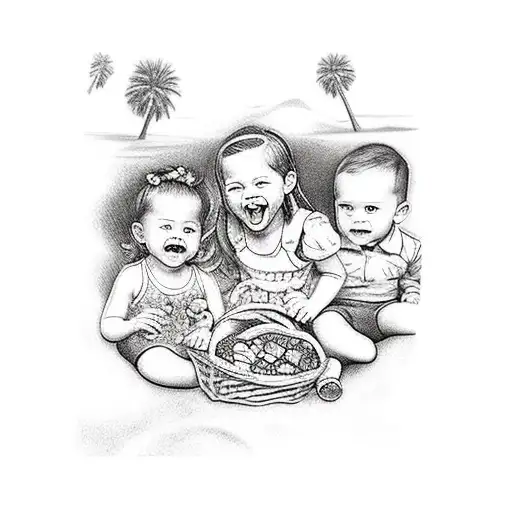 A realism tattoo of your nieces and nephew having a picnic in a park surrounded by their favorite movie characters tattoo design idea