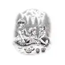 A realism tattoo of your nieces and nephew having a picnic in a park surrounded by their favorite movie characters tattoo design idea