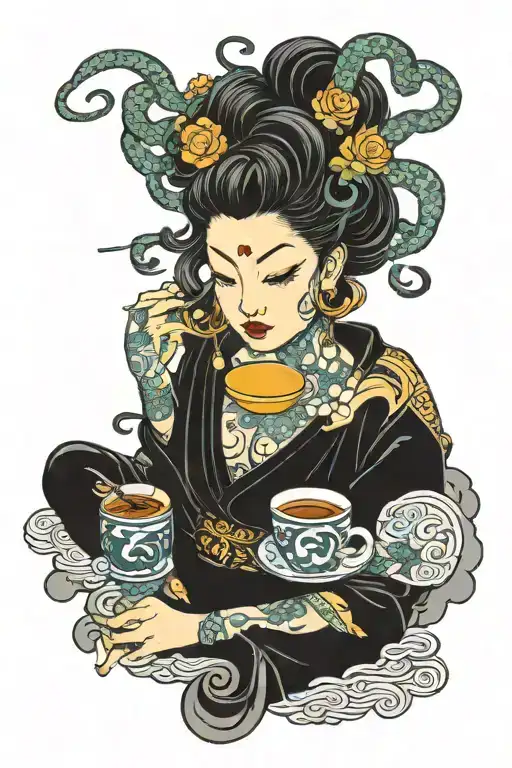 medusa and money and double cup filled tattoo design idea