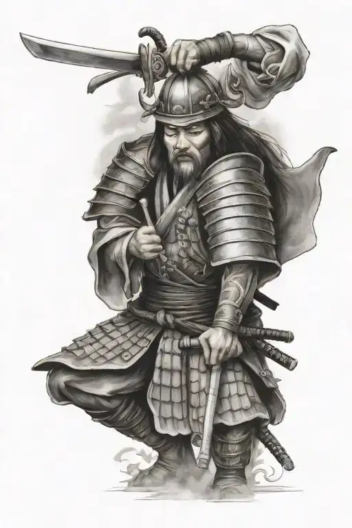 samurai warrior teaching Greek philosophers to children tattoo design idea