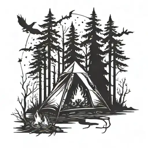 A spooky forest scene with a tent and campfire, incorporating elements of horror like ghosts or monsters tattoo design idea