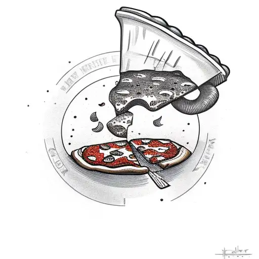 A slice of pizza and a beer mug clinking together, representing the client's favorite things tattoo design idea