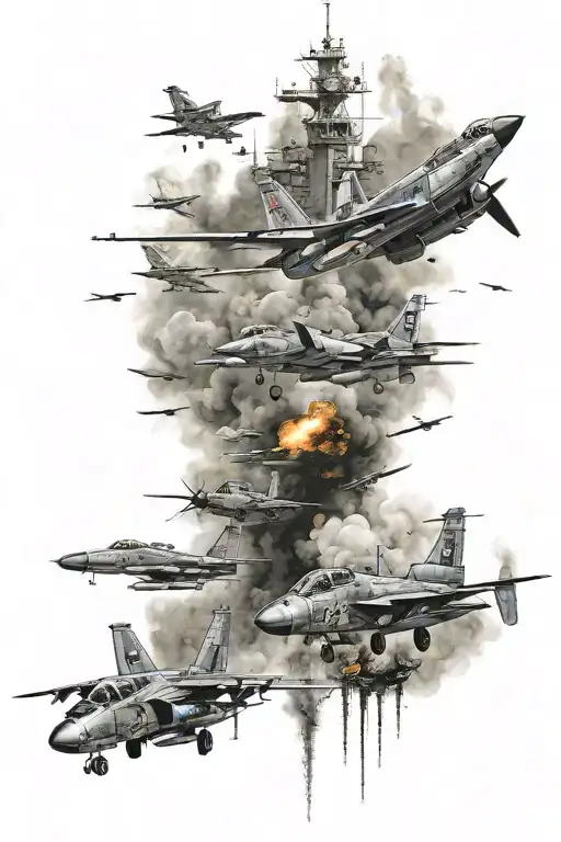 U.S. military fighter planes, tanks, bombs, soldiers  tattoo design idea