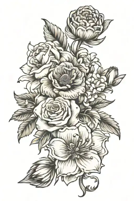 February, March, April, and September birthflower bouquet tattoo design idea