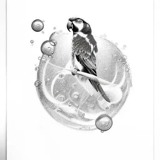 the word "Now" with a parrot on the W and bubbles tattoo design idea
