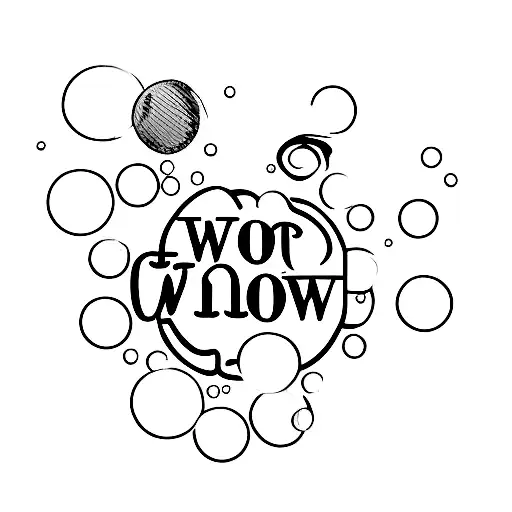 the word "Now" with a parrot on the W and bubbles tattoo design idea