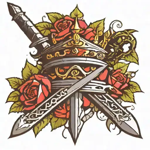 sword and crown of thorn crown tattoo design idea