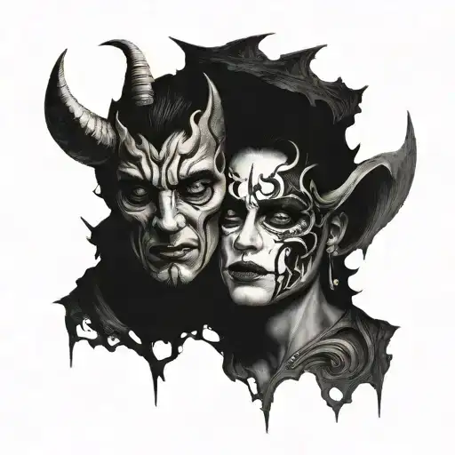 face split in two, one side angel, one side devil, horoscope gemini tattoo design idea