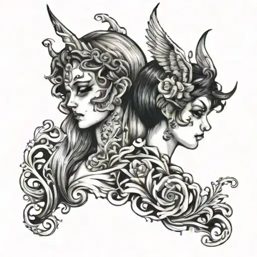 GEMINI TATTOO, 2 SIDES OF A FACE, ANGEL AND DEVIL  tattoo design idea