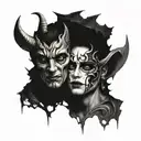 face split in two, one side angel, one side devil, horoscope gemini tattoo design idea