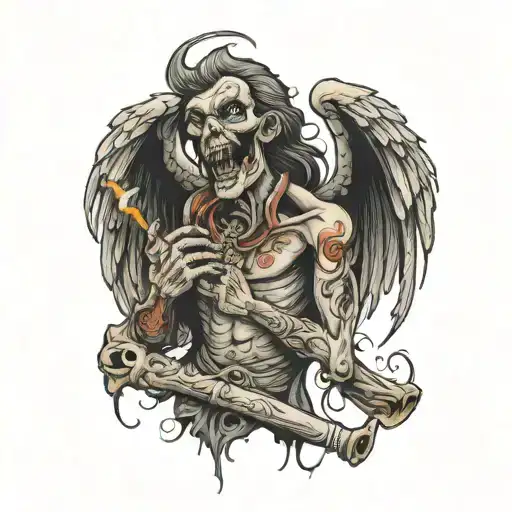 macabre evil laughing angel, smoking cigarrete tattoo design idea