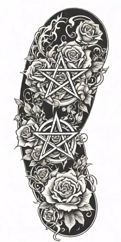 fire pentagram mixed with roses  tattoo design idea