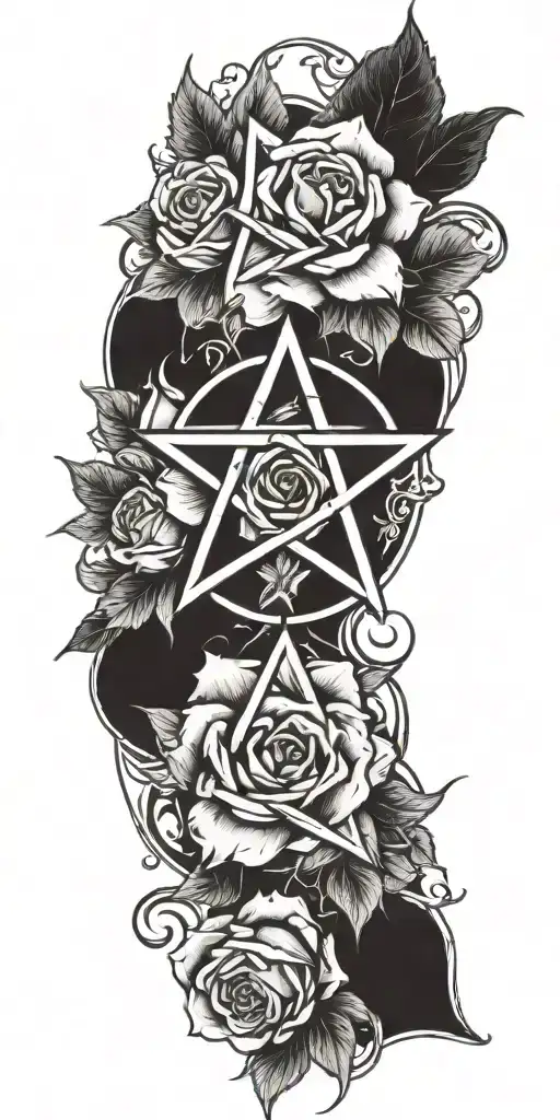 fire pentagram mixed with roses  tattoo design idea