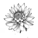  flower arrangement includes:  lotus, sunflower, chrysanthemum, jasmine (or flower that symbolises luck), tattoo design idea