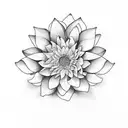  flower arrangement includes:  lotus, sunflower, chrysanthemum, jasmine (or flower that symbolises luck), tattoo design idea