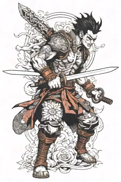 A fierce warrior welding a sword, surrounded by elements from Black Clover and My Hero Academia tattoo design idea