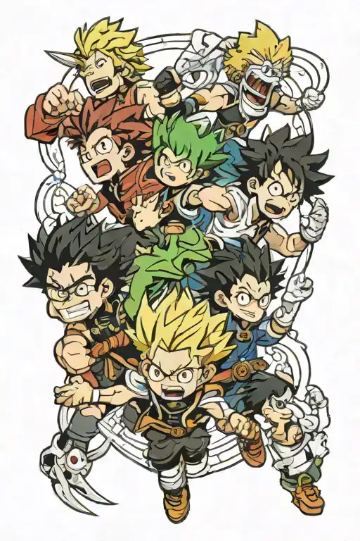 A fusion tattoo of characters from Black Clover, My Hero Academia, and One Punch Hero battling together tattoo design idea
