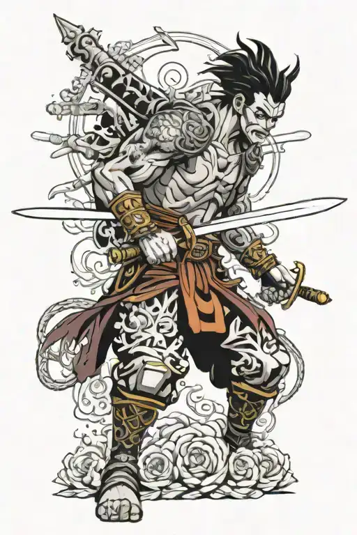 A fierce warrior welding a sword, surrounded by elements from Black Clover and My Hero Academia tattoo design idea