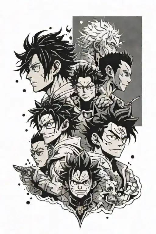 A Japanese inspired tattoo featuring characters from black clover, my hero academia, and one punch hero in dotwork style tattoo design idea