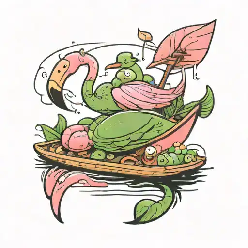 flamingo rowing a pickle raft tattoo design idea