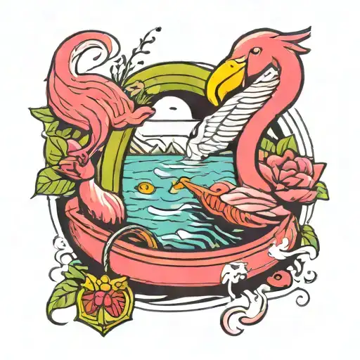 flamingo rowing a pickle raft tattoo design idea