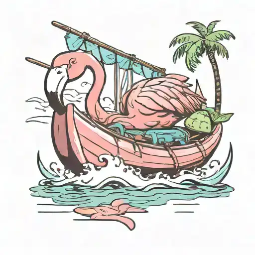 flamingo rowing a raft made from a pickle   tattoo design idea