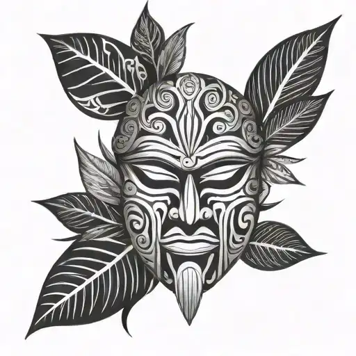 Tribal Maori warrior mask with Polynesian patterns and coffee plant leaves tattoo design idea