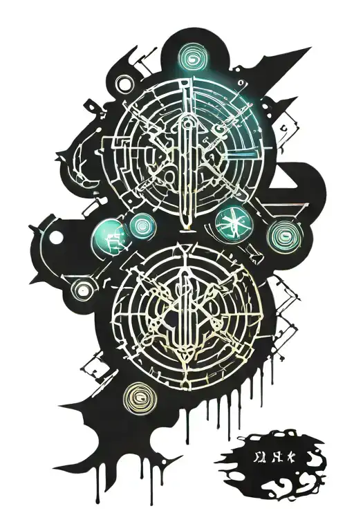 rune binding for luck femininity strength and protection on katzbalger blade which is standing tall encircled by ring tattoo design idea