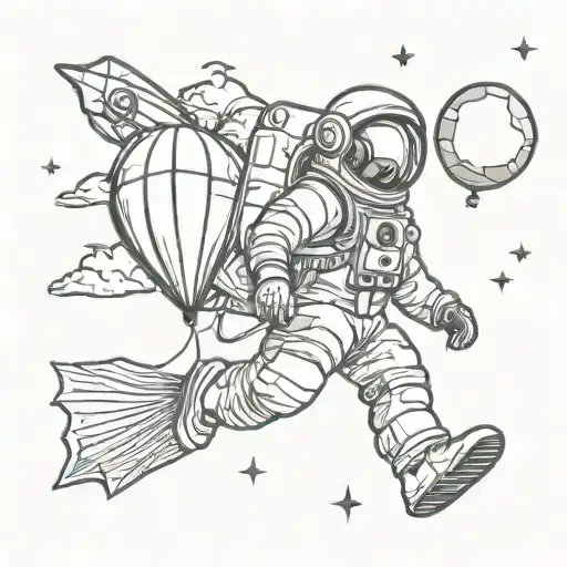 Astronaut flying on paper airplane holding planet balloons tattoo design idea
