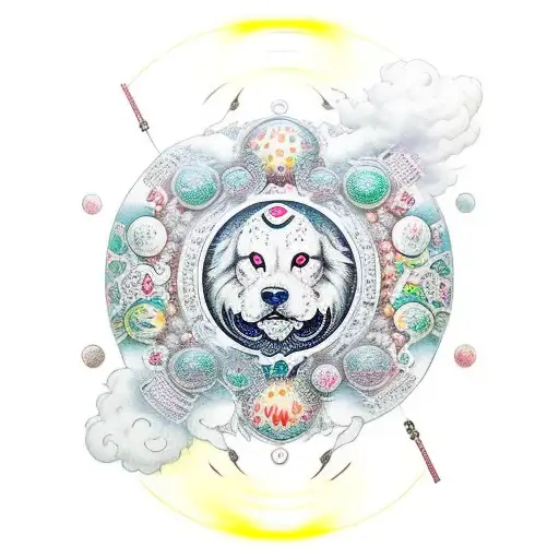 foodog with one paw out bursting through clouds with 3 crystal balls floating above its head tattoo design idea