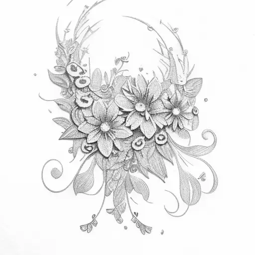 A laurel wreath with delicate flowers and butterflies tattoo design idea